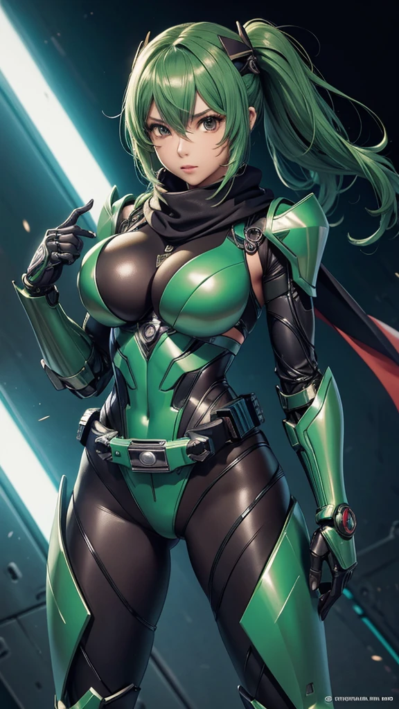 A Kamen Rider girl、superhero、mechanical bikini suit、bikini body armor、bikini mechanical armor、Metallic texture、scarf、Kamen Rider、big breasts, bikini body armor、Mechanical Suit、bright color、8k、green hair, Sharp contours、tokusatsu、transformation belt、uma garrafa de líquido está presa no transformation belt como um cartucho、