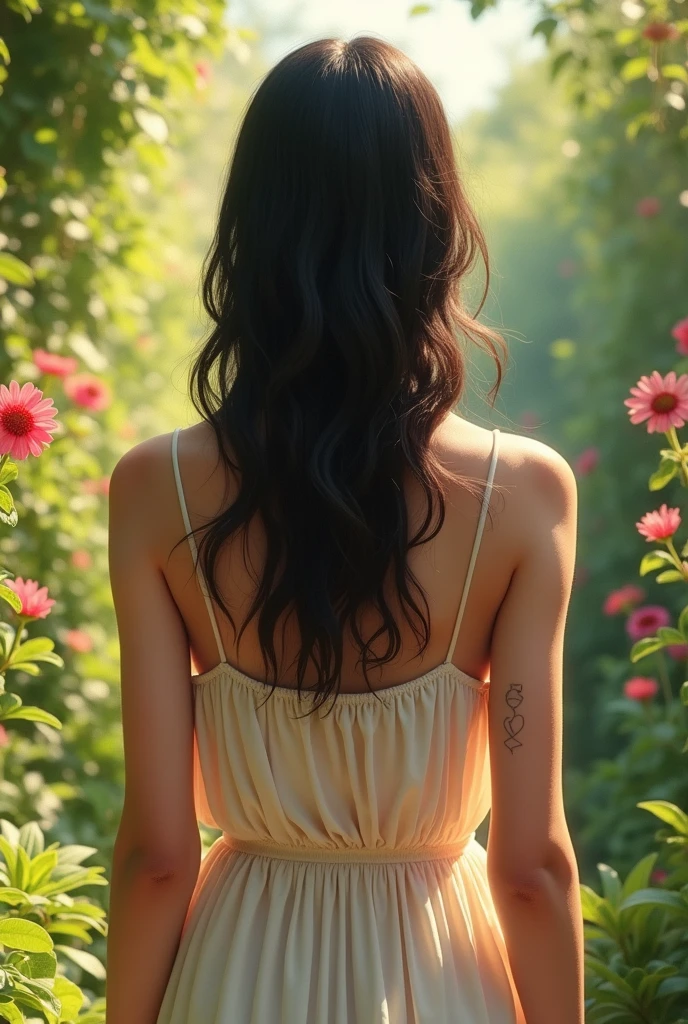 Create a very detailed, Photorealistic digital illustration by Jenna Ortega, inspired by film photography, with a soft focus effect. Depict her lying face down in a lush, vibrant flower field, with a ratio of 1.3 flowers to the grass, and the sun projects a warm, Golden light. she is , with her long hair spread out around her, and his face is down, revealing the back of his head. Her legs are slightly open, showing off her slender figure and prominent rear, with a subtle "She lifts her perky butt"vature. Incorporate intricate details, heavy shadows, and subsurface dispersion to achieve a masterpiece with a golden ratio composition. The image must be rendered in 8K resolution, ensuring that every aspect is sharp and finely detailed, evoking a sense of realism.