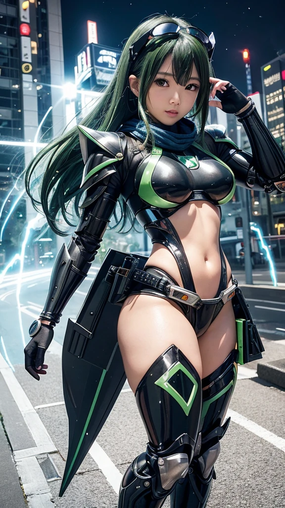 A Kamen Rider girl、superhero、mechanical bikini suit、bikini body armor、bikini mechanical armor、Metallic texture、scarf、Kamen Rider、big breasts, bikini body armor、Mechanical Suit、bright color、8k、green hair, Sharp contours、tokusatsu、transformation belt、uma garrafa de líquido está presa no transformation belt como um cartucho、