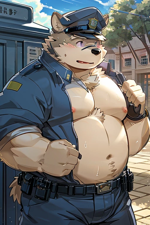 Muscular, male, bear, clothed, police, stripping, penis,  outside, fence, public, satisfied, flexing muscles