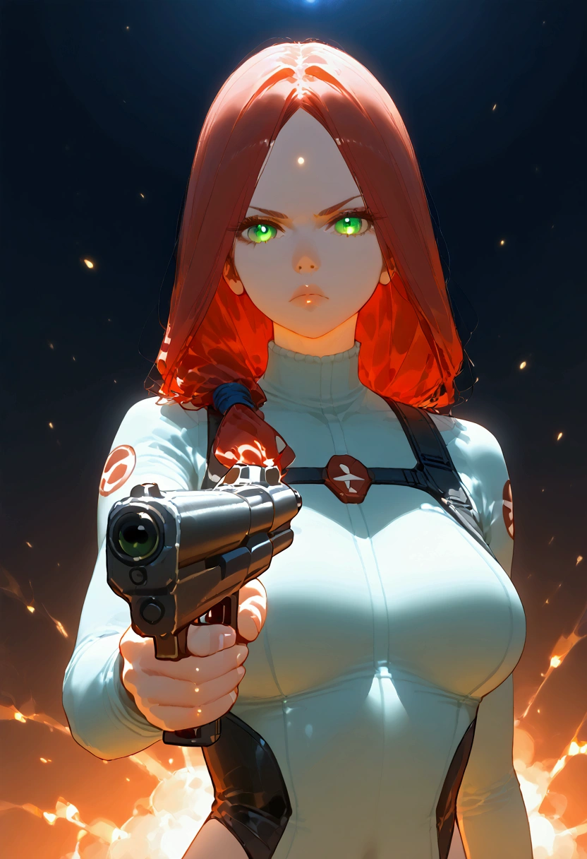 (grainy:0.5), cinematic,girl, space, Serious, detailed eyes, detailed face, Detailed futuristic clothing, lights in clothes, (aiming gun:1.1), (concealment:1.1), (Breaking and entering, looking to one side:1.1), volumetric lighting, isolation, horror, dark lighting, red bioluminescent details, green bioluminescent details, blue bioluminescent details