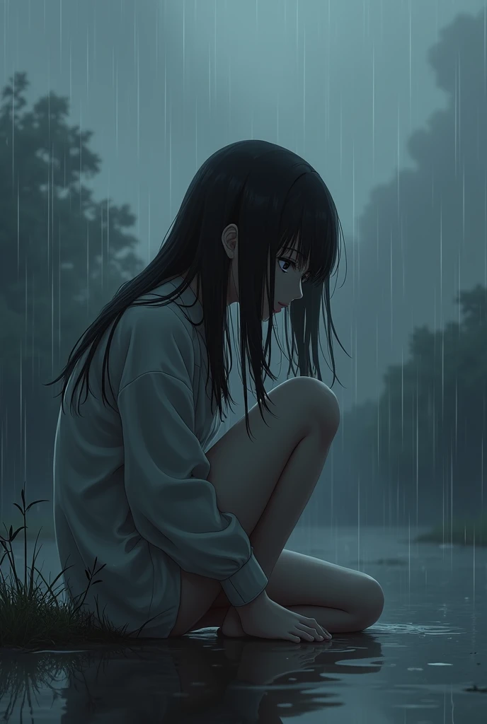 A girl stands in the rain, her clothes and hair drenched and clinging to her slender frame. Her black hair, cut in a short and practical style, drips with water, framing her face and emphasizing her large, irritated brown eyes. The usually vibrant and glossy sheen of her hair is dulled by the rain, adding to her overall look of displeasure.
Her brows are furrowed, and her lips are pressed into a tight line, clearly expressing her annoyance. She crosses her arms tightly over her chest, trying to shield herself from the downpour but only succeeding in looking more upset.
The background shows a grey, dreary urban landscape, with heavy rain cascading down from the overcast sky. Puddles form on the ground, and the rain creates a misty, blurred effect around her, further highlighting her presence.
Her casual outfit, now soaked, clings to her, adding to her discomfort. Water droplets run down her face and neck, and her sneakers are likely squelching with each step. Her posture is tense, shoulders hunched and body slightly turned as if she’s looking for shelter or a way out of the rain.
The color palette of the illustration emphasizes the gloominess of the weather and her mood, with muted greys, blues, and dark tones dominating the scene. The only bright spot is the slight reflection of the streetlights in the puddles and the glistening raindrops on her hair and clothes.
The viewer can almost feel the cold and dampness, and her expression and body language effectively convey her frustration and impatience with the situation. This image captures the essence of a miserable rainy day and the irritation that comes with being caught unprepared in the storm.