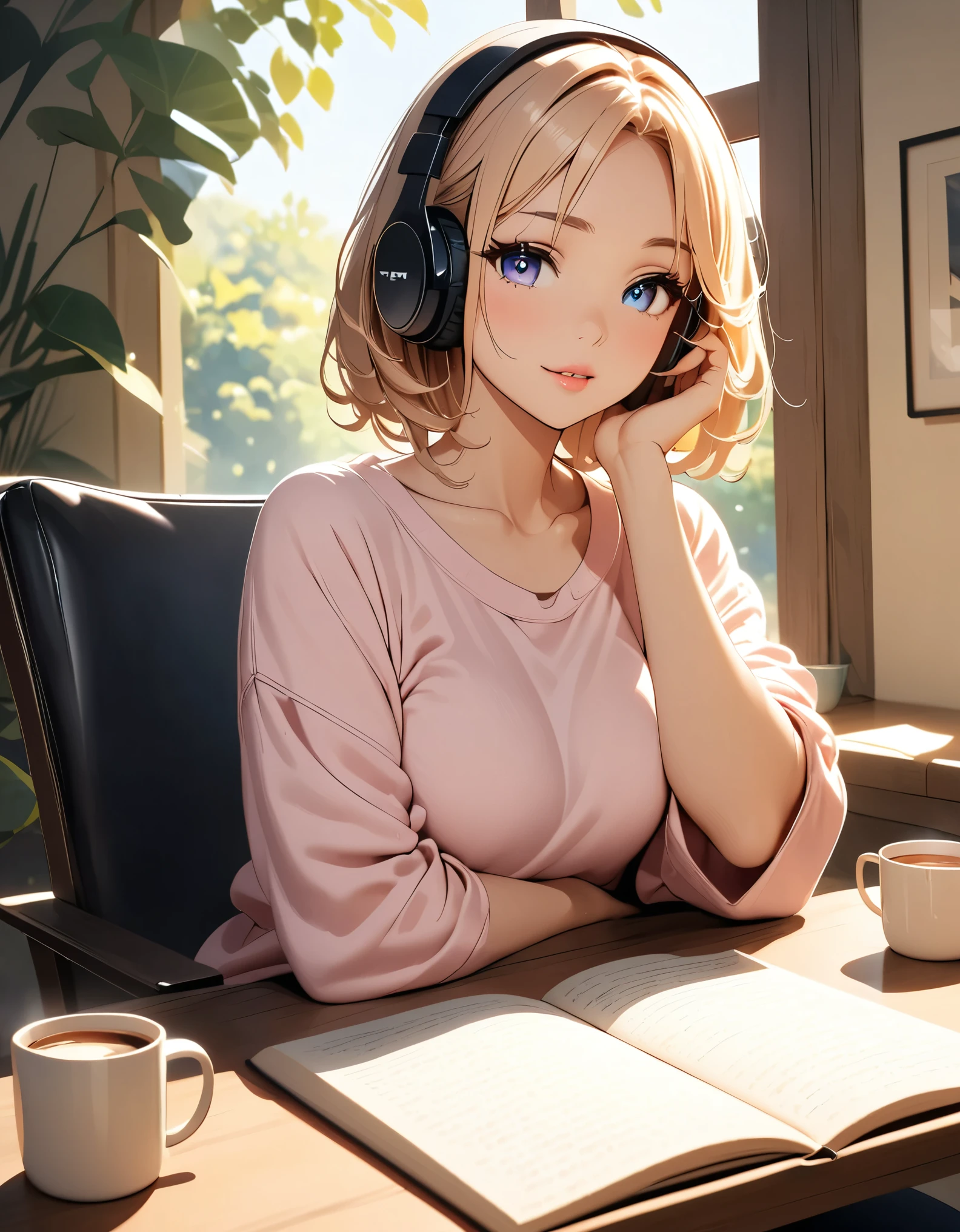 A woman relaxing、Reading a book、listen to music、Hot coffee、Cozy rooms、((Beautiful detailed eyes、Beautiful detailed lips、Highly detailed eyes and face、Long eyelashes))、(Anime Style:1.4)、Beautiful CG illustrations、Photorealistic、8k、masterpiece、Cinematic lighting、Warm colors、Soft Focus、Natural Light、Peaceful atmosphere、Cozy interior、Cozy loungewear、Book in hand、Headphones、Steaming mug on the table、Comfortable chair、Sunlight from the window、Calm colors、quiet、 Calm and relaxing