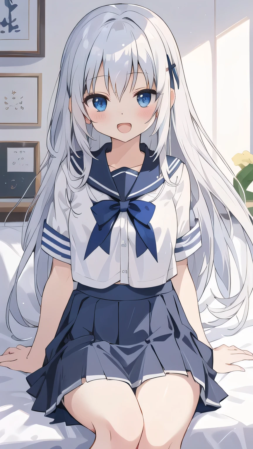 cute girl, アニメ, silver hair, straight hair, Blue eyes, (young:0.9), (small bust:0.5), (cute:1.3), (middle bust:0.8), (cute girl:1.2), cowboy shot, cute, side shot, (Smail:1.3), open mouth, backwards, (white school uniform:1.0), (dark blue skirt:1.4), (ローアングル:1.5), close eyes, (cross legs:1.2), (seduce:1.4) 