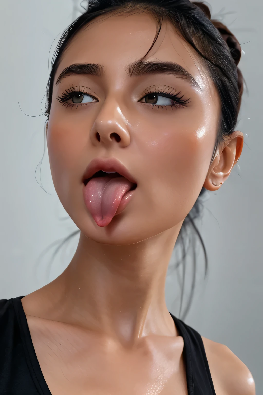 Taylor Hill、High resolution realistic photos,8k,Realistic skin texture,Born々New People々,1 girl,Tabletop,,Awards - Winning Photos, Very detailed, Keep your eyes clearly focused, Nose and mouth,Face Focus, Extreme close up of face、Woman with open mouth and closed eyes, Black camisole、20 years old,Black Hair、Symmetrical face,Realistic nostrils、Angle from below、Elongated C-shaped nostrils,((Gray background))、Sweaty skin、Lighting that highlights Glowing Skin caused by sweat、((Sharp Nose))Sweaty, shiny skin、Shiny skin、Sweaty hair、sunlight、(Brow wrinkles)((Frowning))（Cum on tongue)、Deep Kiss、((Thin eyebrows))Oily skin、Glowing Skin、Double eyelids、Wet and shiny tongue、Hair tied up、Updo、My head