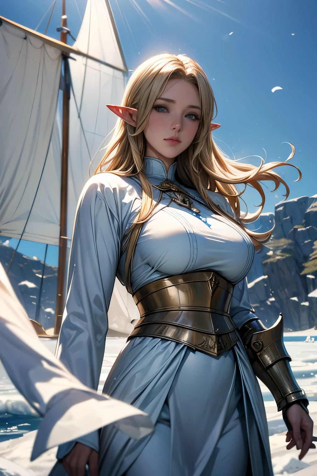 Perfect natural light、8K High Resolution、High resolution、Beautiful woman、masterpiece、Beautiful Mature Woman、RPG style different world、Blonde Holy Knight、Large Breasts、Elf Woman、Ice Spirit、Sailing on a sailing ship