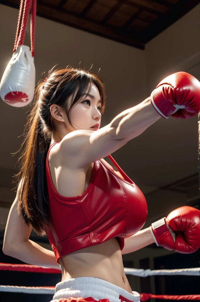 Japanese girl boxer wearing red boxing gloves, She is wearing a cropped tank top and trunks, (on the boxing ring), she is in a fighting pose, big boxing gloves, (((huge breasts))), (((realistic))), (((High resolution)))