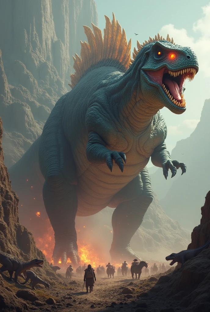 dinosaurs,breathingfire,super high-quality model, Background of flame burning, Abstract beauty, Explosive volume, oil painted, Heavy strokes, paint drips