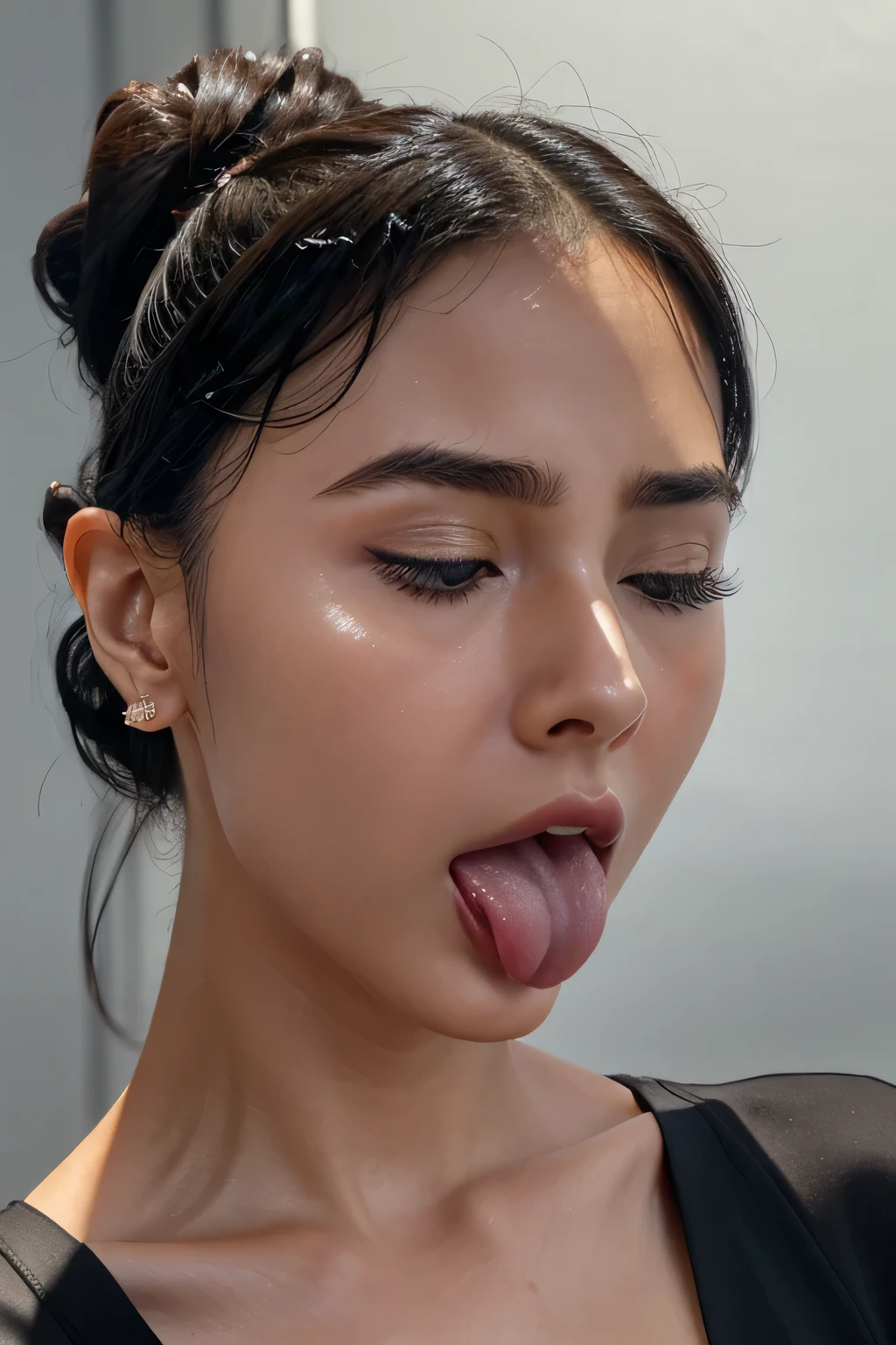 Taylor Hill、High resolution realistic photos,8k,Realistic skin texture,Born々New People々,1 girl,Tabletop,,Awards - Winning Photos, Very detailed, Keep your eyes clearly focused, Nose and mouth,Face Focus, Extreme close up of face、Woman with open mouth and closed eyes, Black camisole、20 years old,Black Hair、Symmetrical face,Realistic nostrils、Angle from below、Elongated C-shaped nostrils,((Gray background))、Sweaty skin、Lighting that highlights Glowing Skin caused by sweat、((Sharp Nose))Sweaty, shiny skin、Shiny skin、Sweaty hair、sunlight、(Brow wrinkles)((Frowning))（Cum on tongue)、Deep Kiss、((Thin eyebrows))Oily skin、Glowing Skin、Double eyelids、Wet and shiny tongue、Hair tied up、Updo、My head