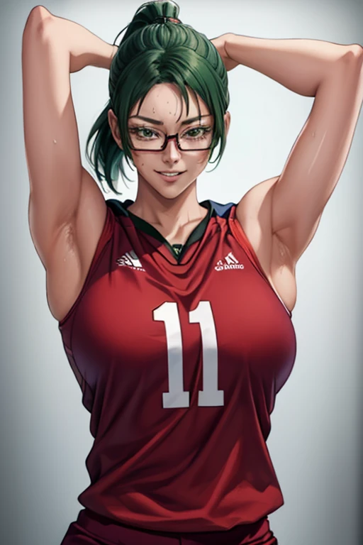 masterpiece, best quality, maki zenin, glasses, volleyball uniform, green hair, ponytail,red pants, looking at viewer, small breasts, upper body, portrait, looking at viewer, parted lips, seductive smile, sweating, arms up, detailed armpits,