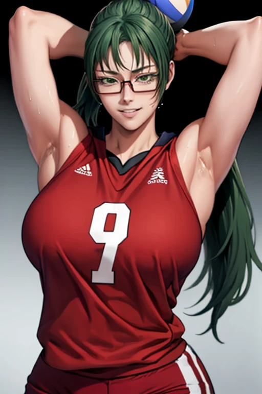 masterpiece, best quality, maki zenin, glasses, volleyball uniform, green hair, ponytail,red pants, looking at viewer, small breasts, upper body, portrait, looking at viewer, parted lips, seductive smile, sweating, arms up, detailed armpits,