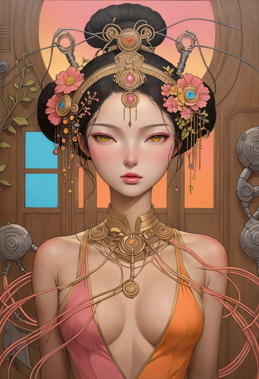 A woman holding an orange cat,Wearing an ink-painted cheongsam,The fullness and enchantment of the mature woman are undoubtedly revealed,A well-maintained beautiful face is firm and fair,With light makeup,The temperament is quiet and elegant,semi transparent, gigantic breasts, showing cleavage, full body shot camera angle, lotus tattoo on forehead, sexy body: 1.4, Slim abdomen: 1.2, sitting on chair, gigantic deep cleavage, open shirt,