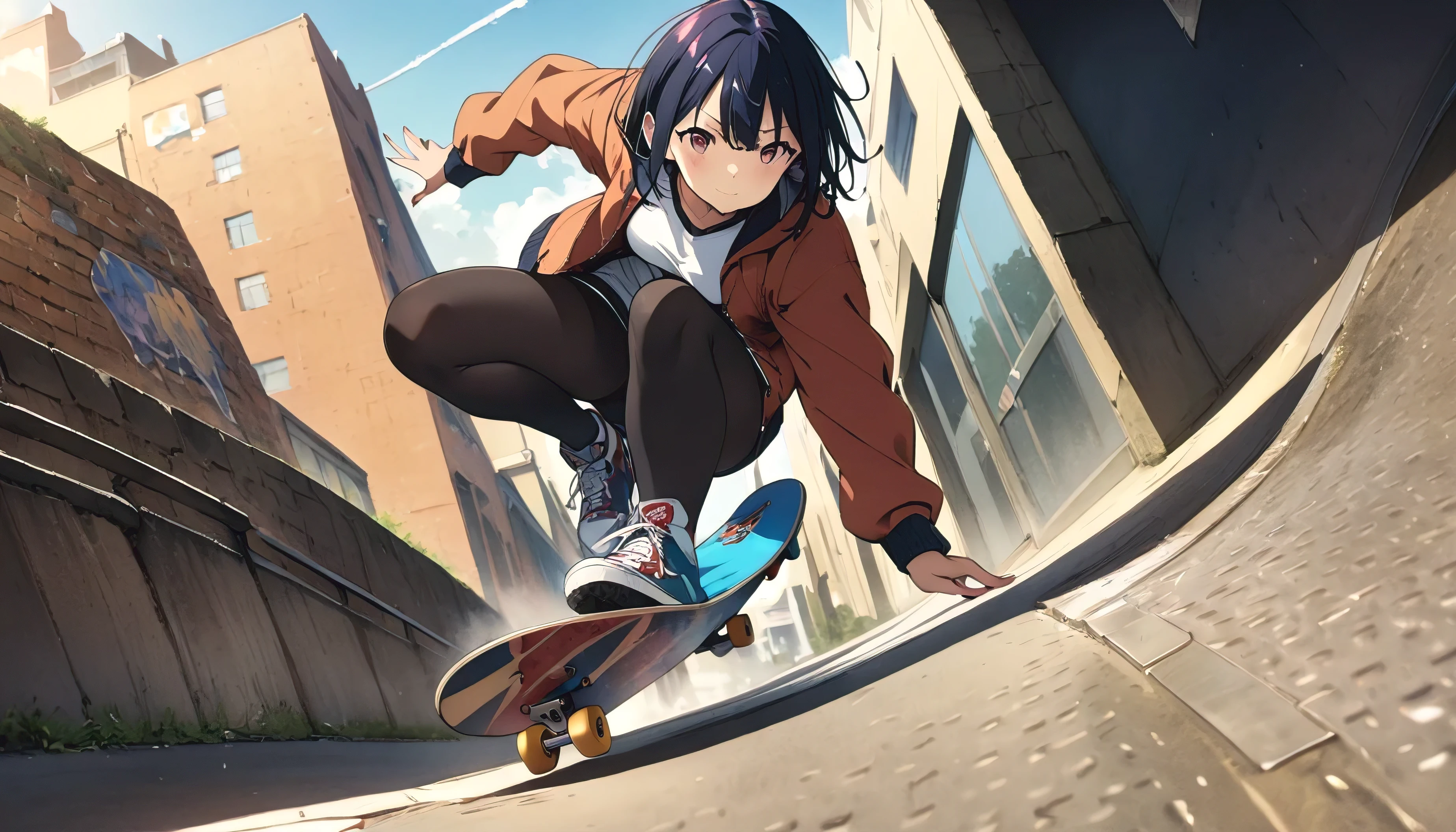 Ultra-definition: 1.3, ultra-delicate/exquisite face: 1.3, (absurdity, texture, masterpiece), dynamic angle, pop art, art brut, pixiv contest winning work, by Posuka Demizu, dynamic manga style illustration, A girl skateboarding in the city and performing tricks, there is a sunset,skateboard