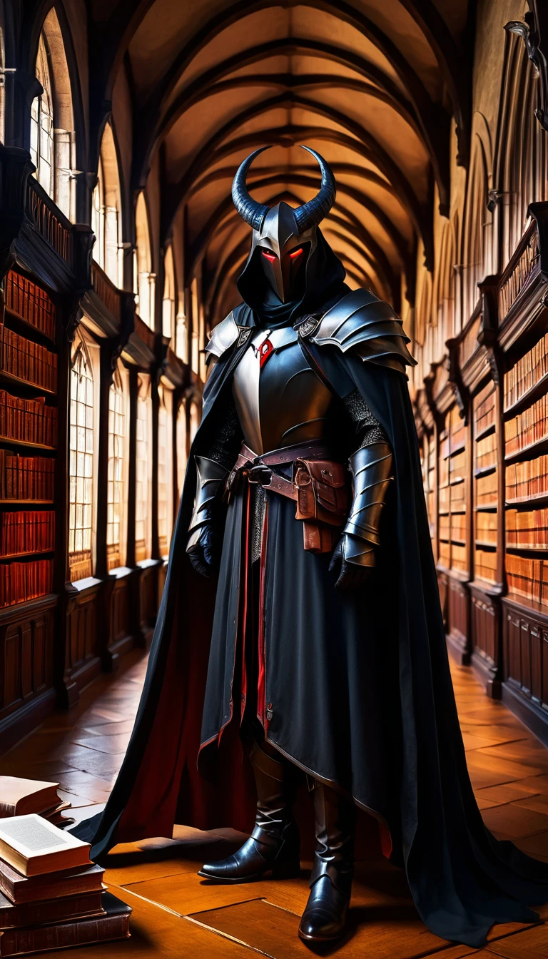 a dark gloomy medieval castle interior, a cloaked figure with black horns, armor, and piercing red eyes, surrounded by books in a dimly lit library, wearing a long dark cloak and boots, furrowed brow expression, dramatic lighting through windows