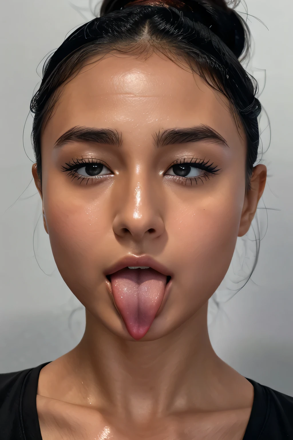 Taylor Hill、High resolution realistic photos,8k,Realistic skin texture,Born々New People々,1 girl,Tabletop,,Awards - Winning Photos, Very detailed, Keep your eyes clearly focused, Nose and mouth,Face Focus, Extreme close up of face、Woman with open mouth and closed eyes, Black camisole、20 years old,Black Hair、Symmetrical face,Realistic nostrils、Angle from below、Elongated C-shaped nostrils,((Gray background))、Sweaty skin、Lighting that highlights Glowing Skin caused by sweat、((Sharp Nose))Sweaty, shiny skin、Shiny skin、Sweaty hair、sunlight、(Brow wrinkles)((Frowning))（Cum on tongue)、Deep Kiss、((Thin eyebrows))Oily skin、Glowing Skin、Double eyelids、Wet and shiny tongue、Hair tied up、Updo、My head