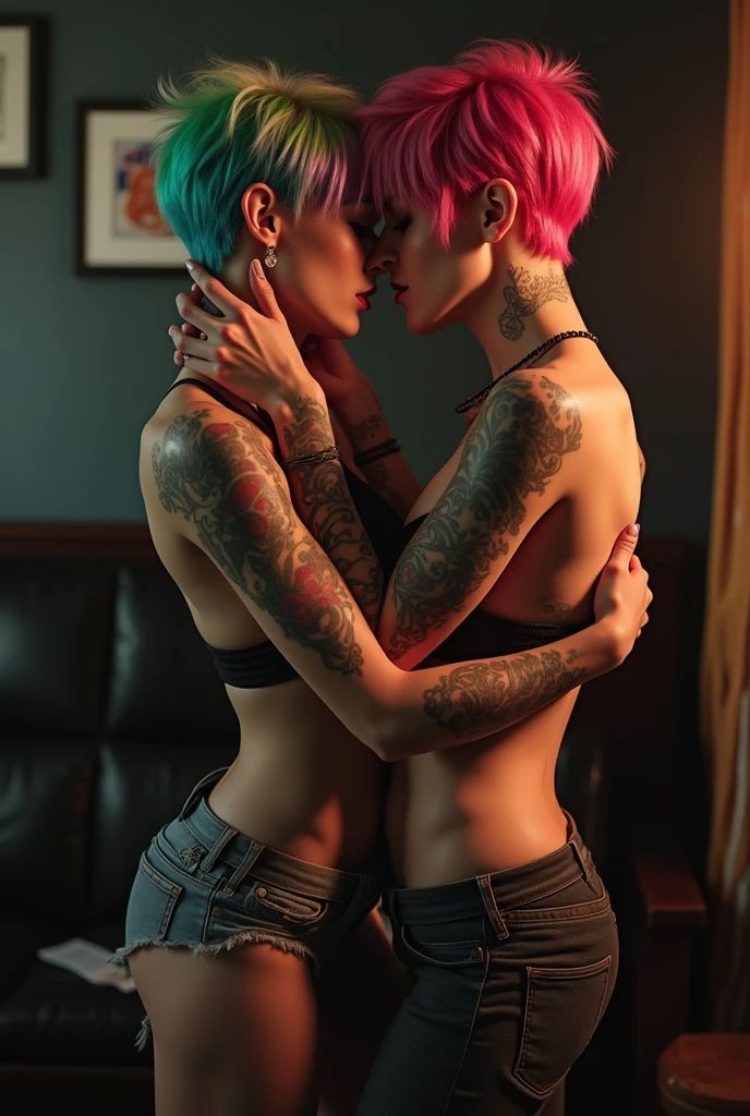 a ultra-realistic image of Laurence bedad 26 years old kissing with another 18-years old self, Laurence bedard girl slim body, skinny, 30DD breasts, sitting on a big black neon leather bed, 2 girls, one ruff and ready with short messy hair, the other one with long colored hair, aroused part naked and excited, Fujifilm XT3 Dramatic neon lighting, blacklight background, full body tattoo, complementary contrast colours, cinematic, 8k,  hardcore style, fisting, squirting, pegging