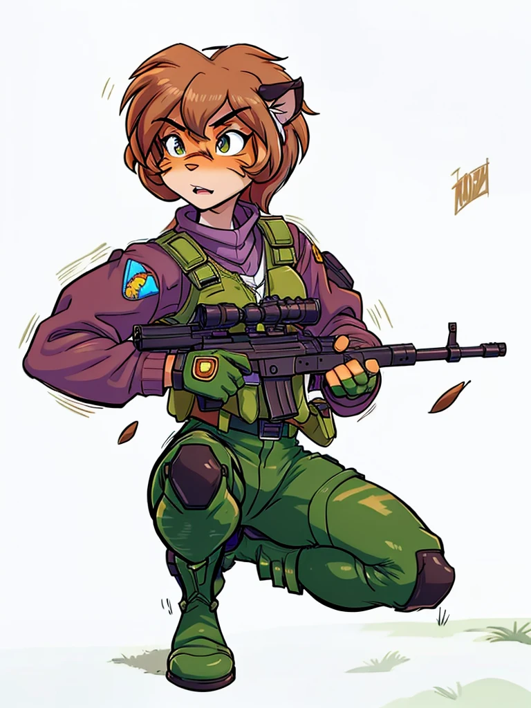  anthro tiger girl  brown hair with a host, with a purple sweater, bulletproof vest, camouflage pants, army boots  
holding a rifle, female fursona, furaffinity commission, of a mercenary , valkyrie style 