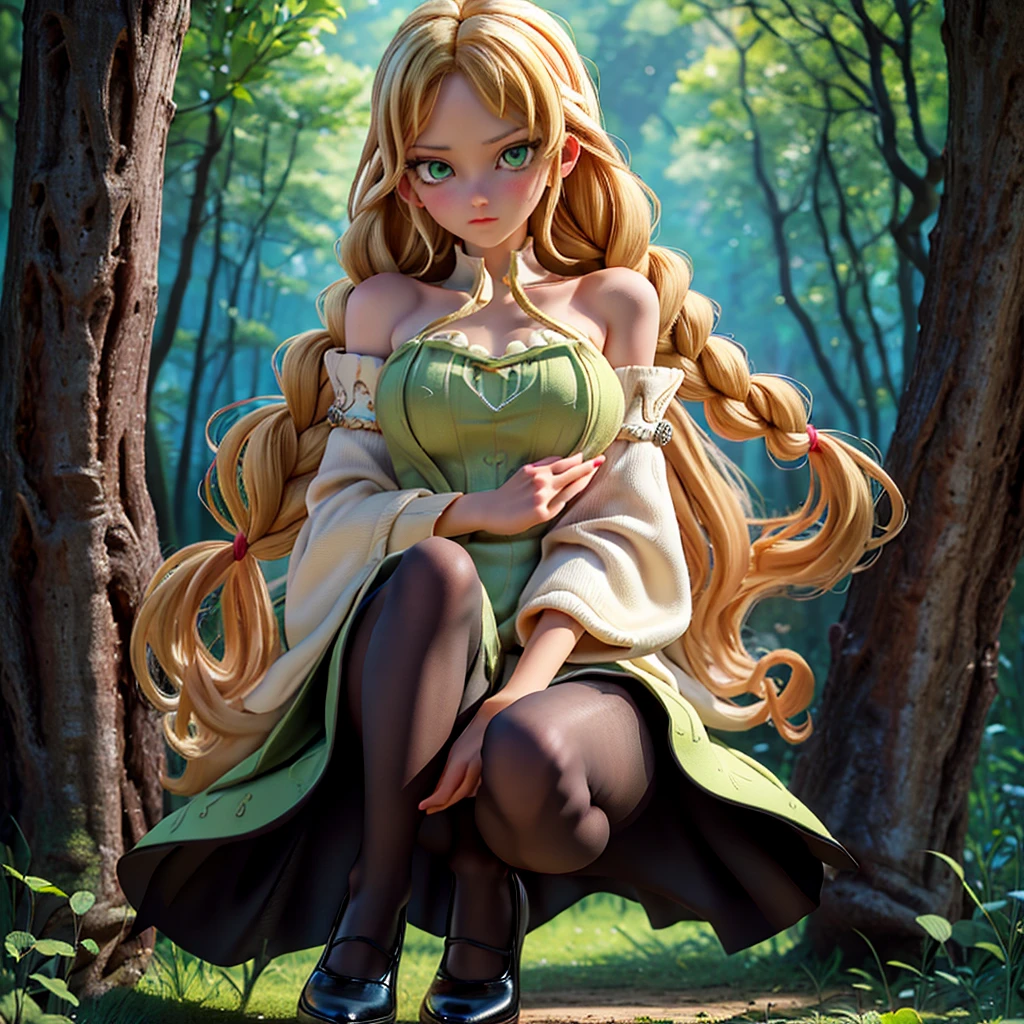 whole body、one piece、pantyhose、Black shoes、blonde、Loose braids、Beautiful Face、Green Eyes、Forest Background、(masterpiece:1.2)、Best Quality、confusion、Highly detailed wallpaper、Perfect lighting、(Dress with black、Sleeve Length:1.1)、Underwear is visible