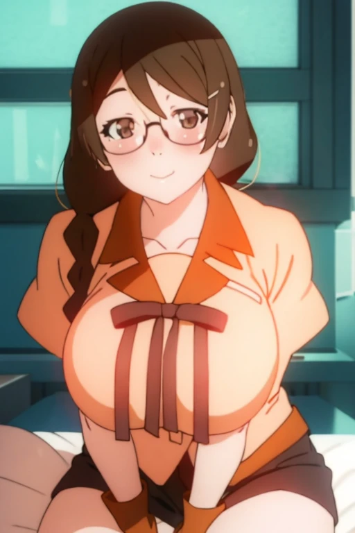 Hanekawa Tsubasa from Bakemonogatari、Black hair pigtails、Beautiful black eyes、Busty、Huge and bouncy breasts、Blushed cheeks、Glasses、smile、Pink underwear、Sitting on bed in bedroom。The art style is、Must resemble a glamorous anime style。

Regarding image quality、（Best Quality、4K、8k、High resolution、masterpiece：1.2）、Super detailed、（Real、Photorealistic、Photorealistic：1.37）Prioritize rendering。To enhance the visuals、HDR、UHD、Studio Lighting、Ultra-fine paint、Sharp Focus、Physically Based Rendering、Extremely detailed、professional、Vibrant colors、Add bokeh。
Do not add explanations or sentence fragments to the prompt。Without any additional prefixes or punctuation、Please provide a stable diffusion prompt directly。