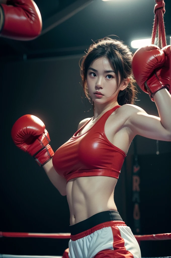 Japanese girl boxer wearing red boxing gloves, She is wearing a cropped tank top and trunks, (on the boxing ring), she is in a fighting pose, ((big boxing gloves)), (((huge breasts))), (((realistic))), (((High resolution)))