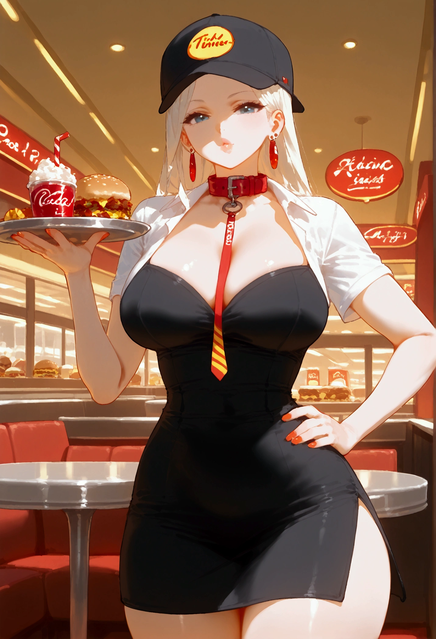 waiter&#39;s cap), (big earrings), collar, inside, fast food restaurant,diner, food, soda, tables,, ((pose sexy)), posing, dynamic pose, focus on hip and thigh