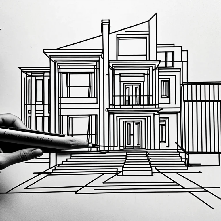 Pencil drawing, Architectural Design Process, Architectural Design And Drawings, In the process of completion, One hand, pencil, One hand holding a pencil, perspective projection, Two-point method, Trace-vanishing point method, Strange Architectural Designs, Weird, 