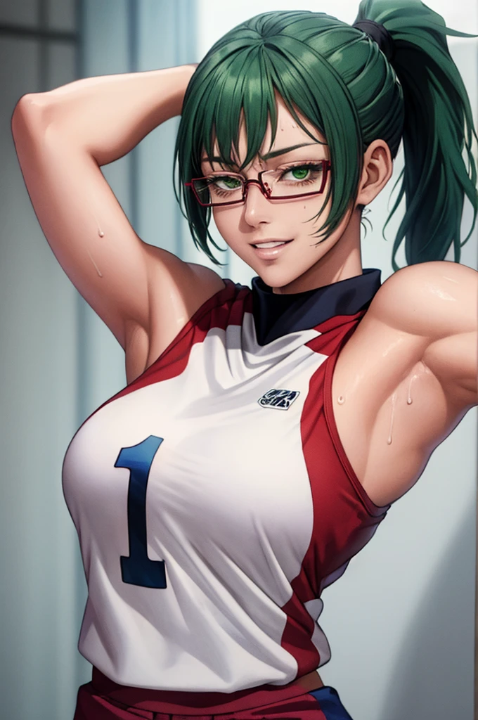 masterpiece, best quality, maki zenin, glasses, volleyball uniform, green hair, ponytail,red pants, looking at viewer, small breasts, upper body, portrait, looking at viewer, parted lips, seductive smile, sweating, arms up, detailed armpits,