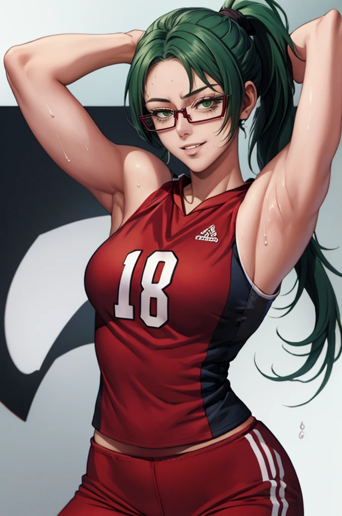 masterpiece, best quality, maki zenin, glasses, volleyball uniform, green hair, ponytail,red pants, looking at viewer, small breasts, upper body, portrait, looking at viewer, parted lips, seductive smile, sweating, arms up, detailed armpits,