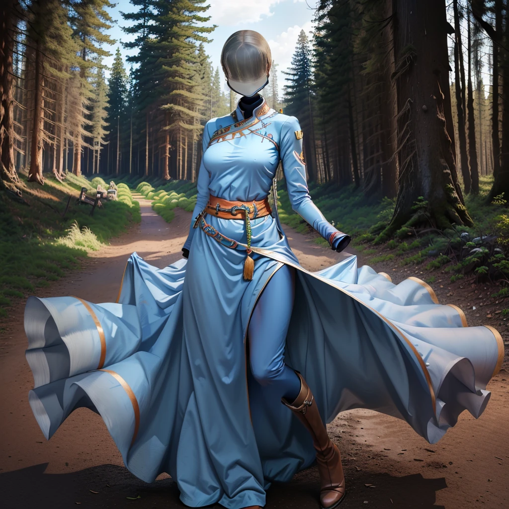 (Best-quality, Masterpiece, Ultra-High-Resolution), (invisible, no humans, headless, faceless:1.5), close-up shot of breasts, blue dress, long sleeves, side slit, (defaultLyn), blue dress, pelvic curtain, sash, brown boots, one girl, alone, in forest