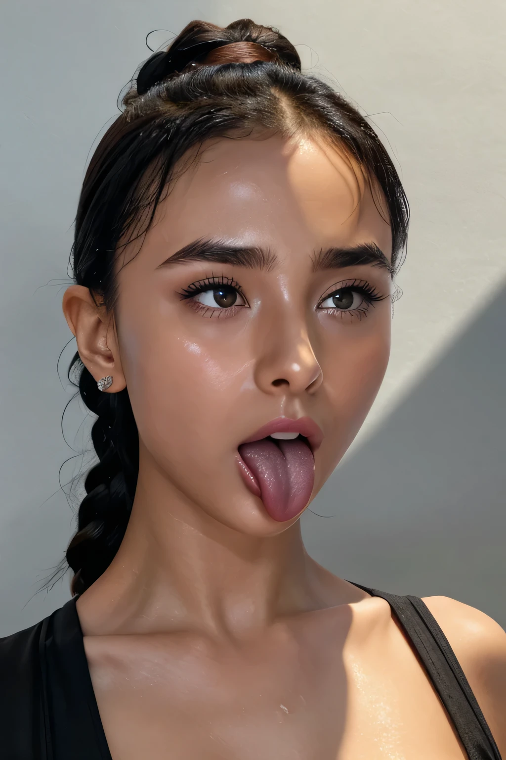 Taylor Hill、High resolution realistic photos,8k,Realistic skin texture,Born々New People々,1 girl,Tabletop,,Awards - Winning Photos, Very detailed, Keep your eyes clearly focused, Nose and mouth,Face Focus, Extreme close up of face、Woman with open mouth and closed eyes, Black camisole、20 years old,Black Hair、Symmetrical face,Realistic nostrils、Angle from below、Elongated C-shaped nostrils,((Gray background))、Sweaty skin、Lighting that highlights Glowing Skin caused by sweat、((Sharp Nose))Sweaty, shiny skin、Shiny skin、Sweaty hair、sunlight、(Brow wrinkles)((Frowning))（Sticking out a long tongue)、Deep Kiss、((Thin eyebrows))Oily skin、Glowing Skin、Double eyelids、Wet and shiny tongue、Hair tied up、Updo、My head