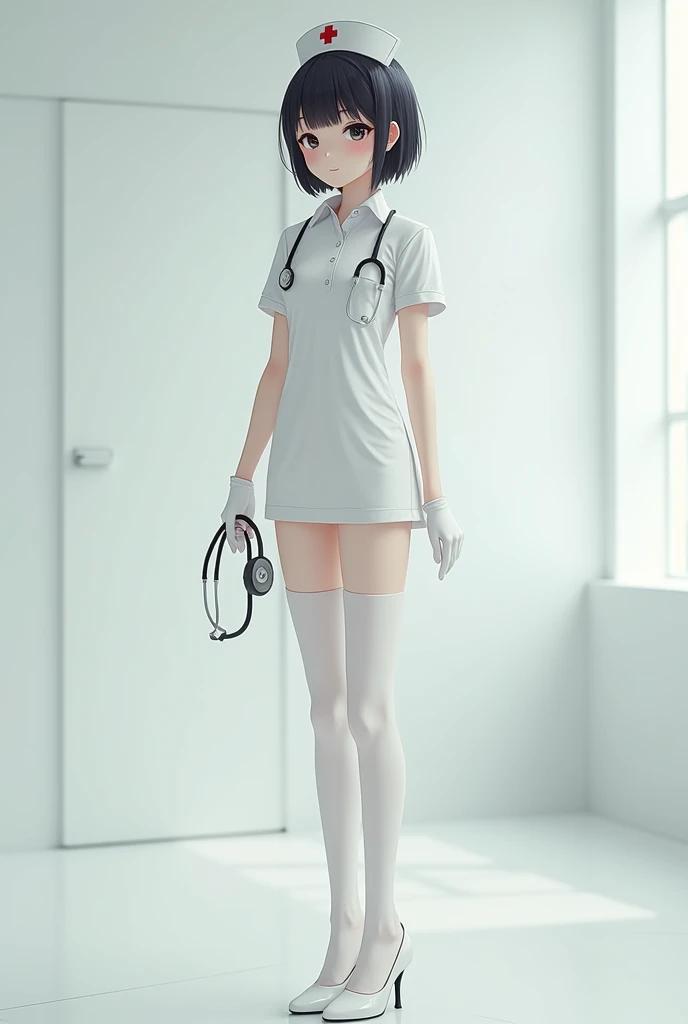 ((nurse)),((White shoes)),Top quality,(Dark Room), Subtle Light, Natural light,Soft lighting,Light from directly behind,(Are standing),Front view,Black background