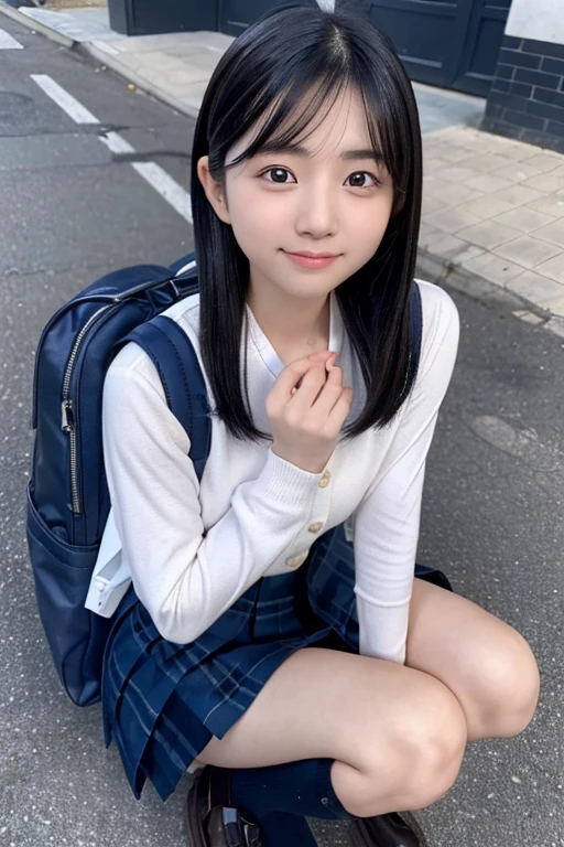 masterpiece, Best Quality, High image quality,High School Girl 10.0,Very detailed,Asian Beauty,(Laugh 1.1),Iris,Natural Beauty,Cinematic,(Volumizing breasts),Showing from the knees 10.0,Supple and soft limbs,Narrow eyes and light eye makeup,Smooth under-eye bags,Very detailedなな目と顔,Glossy Lips,Inner thighs,Sparkling eyes,Droopy eyes,(Medium Hair:1.2),On the way home from school,(Sitting in the city),(Navy cardigan-style school uniform:1.1),(Navy check skirt:1.1),(Carrying a backpack:1.2),Hair blowing in the wind,(Relaxed pose:1.2),(straddle split:1.3)
