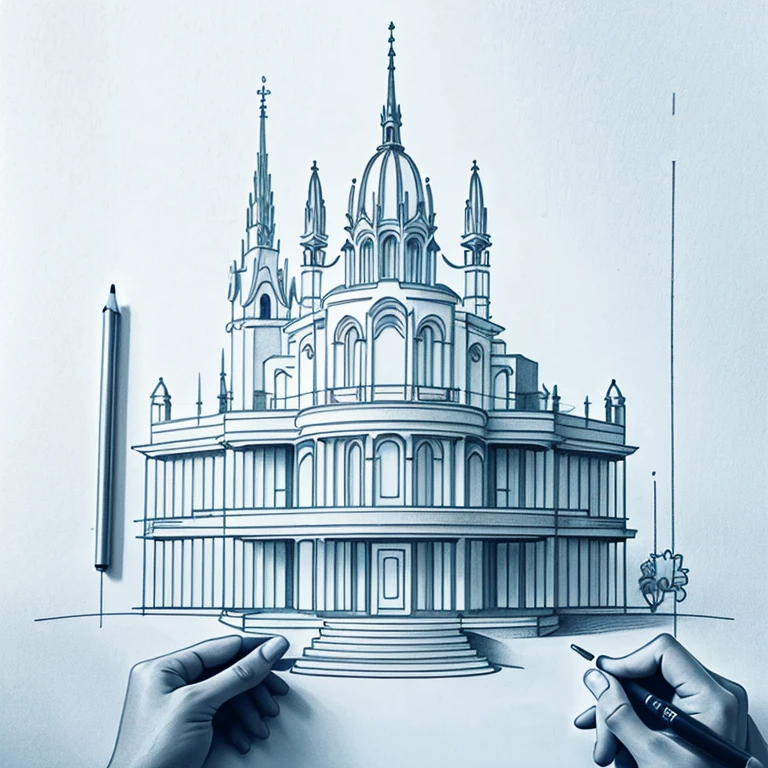 Pencil drawing, Architectural Design Process, Architectural Design And Drawings, In the process of completion, One hand, pencil, One hand holding a pencil, perspective projection, Two-point method, Trace-vanishing point method, Strange Architectural Designs, Weird, 