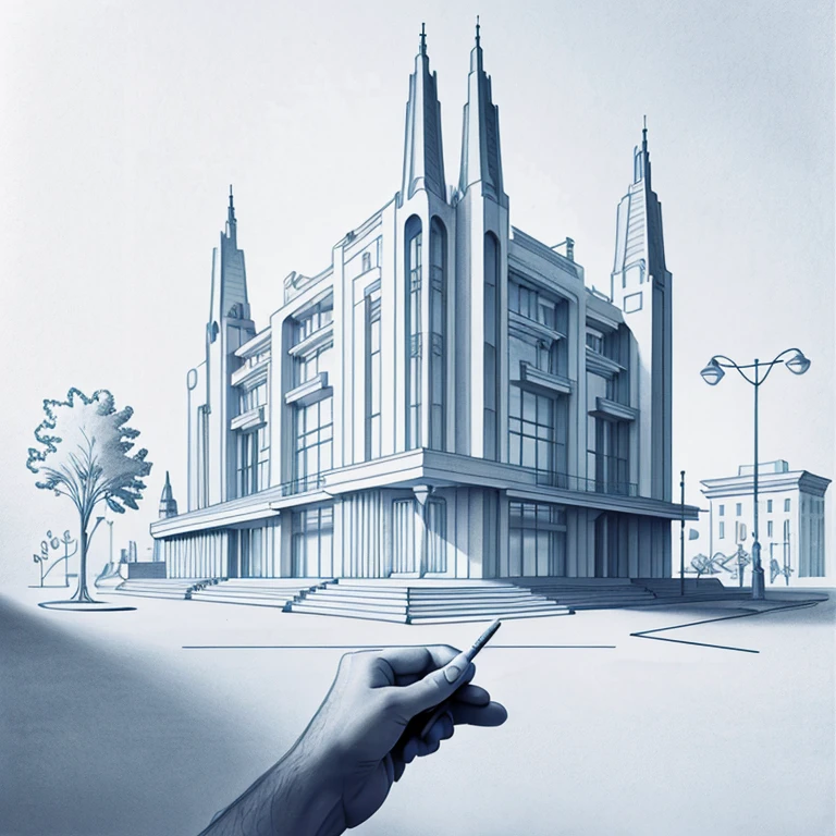 Pencil drawing, Architectural Design Process, Architectural Design And Drawings, In the process of completion, One hand, pencil, One hand holding a pencil, perspective projection, Two-point method, Trace-vanishing point method, Strange Architectural Designs, Weird, 