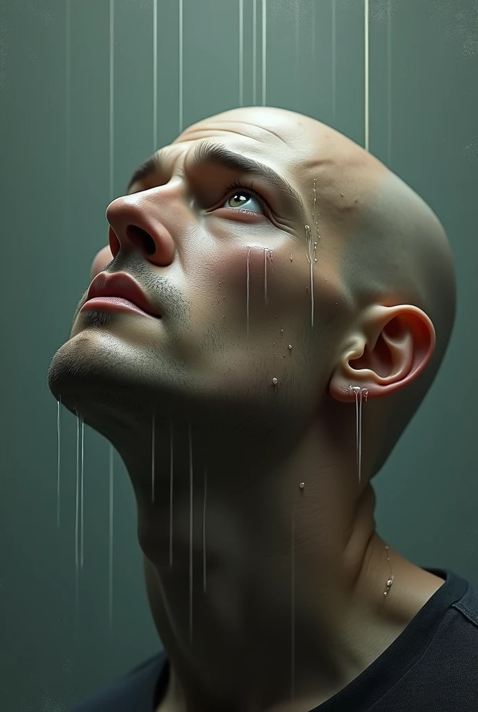 A heavily built bald athlete with a broad chest and a slim waist taking a shower under a cascading downpour, steam enveloping the scene, soapy bubbles floating around, modern tiles, bright modern bathroom setting, medium view, seen from a low angle