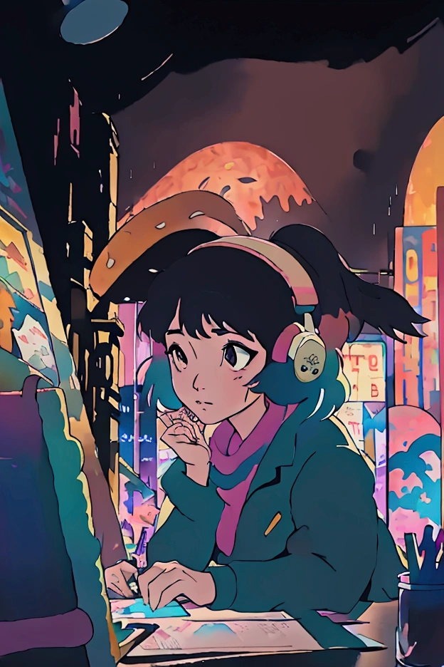 Asian woman studying in the room, dream, Wear headphones, night lighting, Neon scenery on a rainy day, Analog Color Theme, Lo-fi hip hop , revue, flat, 2.5D ,Draw a line, Ink Painting, Large slope, watercolor, Goosh Colors, Studio Ghibli style, Wonderful colorful, Outerton, Krautlock, Lofi Art,  70s style,Old Texture, amplitude,Psychedelic atmosphere, masterpiece, Amazing technology,