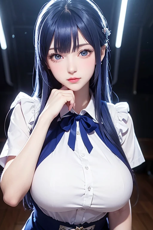 (tmasterpiece, The best_quality, ultra - detailed, 8K, hyper HD, flawless perfection:1.latin blue hair, blue hairs,cat woman,, Cat ears, glowing pink eyes, the shy, Compliant, face flushed, Wet oily skin, on top of the bed, bigger胸老婆, heart tattoo above, , bigger腿粗, Beautiful hip curve, 巨bigger, thicc, skin tight, scantily clad, Lace, collars, face to the viewer, janelas, Bedrooms, midynight, sexy for,,Japan goddess, Cardigan shirt, Korean girls, 美丽的asiagirl, V-shaped bust clothes, low chest,巨bigger,Expose the upper half of the chest,not compact,下垂的bigger胸,gorgeous chinese models, gorgeous young korean woman, model in Japan, Thick lips,duck mouth,asiagirl, beautiful young korean woman, in blouse wearing, beautiful Korean women, 坐on top of the bed, watching the future,巨bigger,bigger,Upp,frontal photos,super closeup,facing at the camera,Take photos carefully