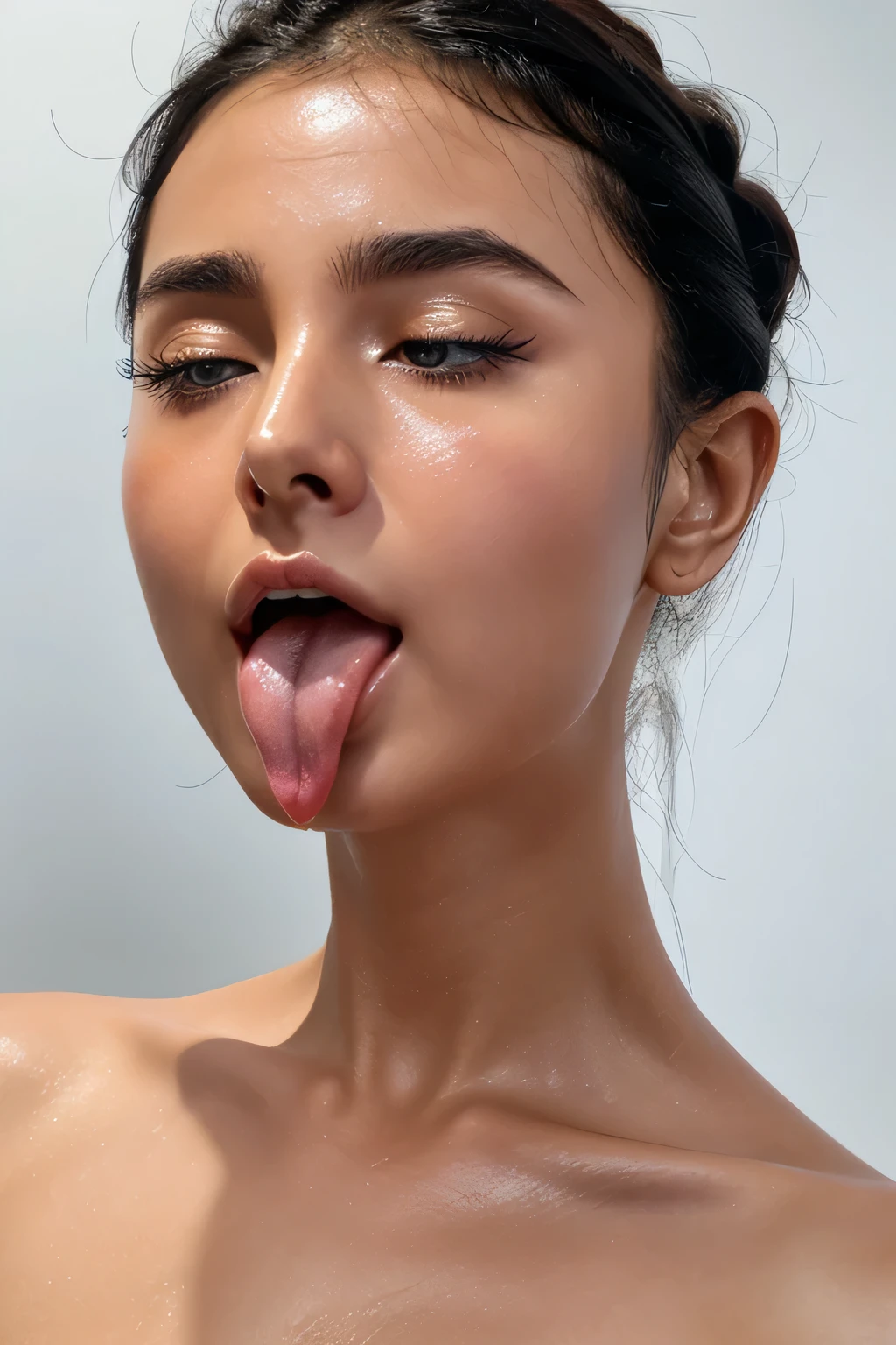 Taylor Hill、White and bright skin,High resolution realistic photos,8k,Realistic skin texture,Born々New People々,1 girl,Tabletop,,Awards - Winning Photos, Very detailed, Keep your eyes clearly focused, Nose and mouth,Face Focus, Extreme close up of face、Woman with open mouth and closed eyes, Black camisole、20 years old,Black Hair、Symmetrical face,Realistic nostrils、Angle from below、Elongated C-shaped nostrils,((Gray background))、Sweaty skin、Lighting that highlights Glowing Skin caused by sweat、((Sharp Nose))Sweaty, shiny skin、Shiny skin、Sweaty hair、sunlight、(Brow wrinkles)((Frowning))（Cum on tongue)、Deep Kiss、((Thin eyebrows))Oily skin、Glowing Skin、Double eyelids、Wet and shiny tongue、Hair tied up、Updo、My head