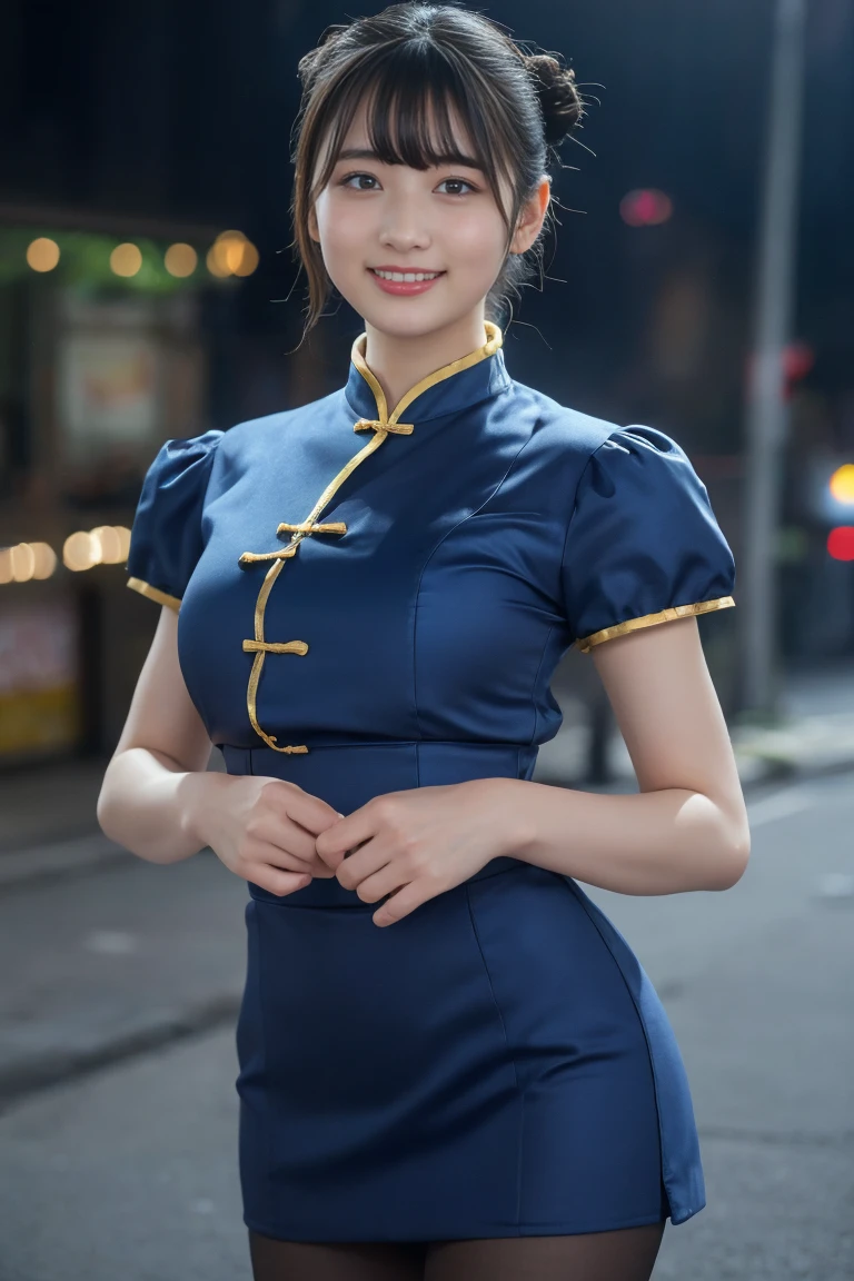 (8k, RAW Photos,Best Quality, High resolution:1.1), (Ultra-realistic:1.4),(Realistic, Realistic:1.3), (masterpiece, Best Quality), ((smile:1.2))、Chun-Li from Street Fighter II、The perfect Chun-Li costume、Blue Chinese dress with gold lines、Bun Hair、Fighting Pose、Cinema lighting、Look straight ahead、Diagonal bangs、pantyhose、Puffy short sleeves、China Town