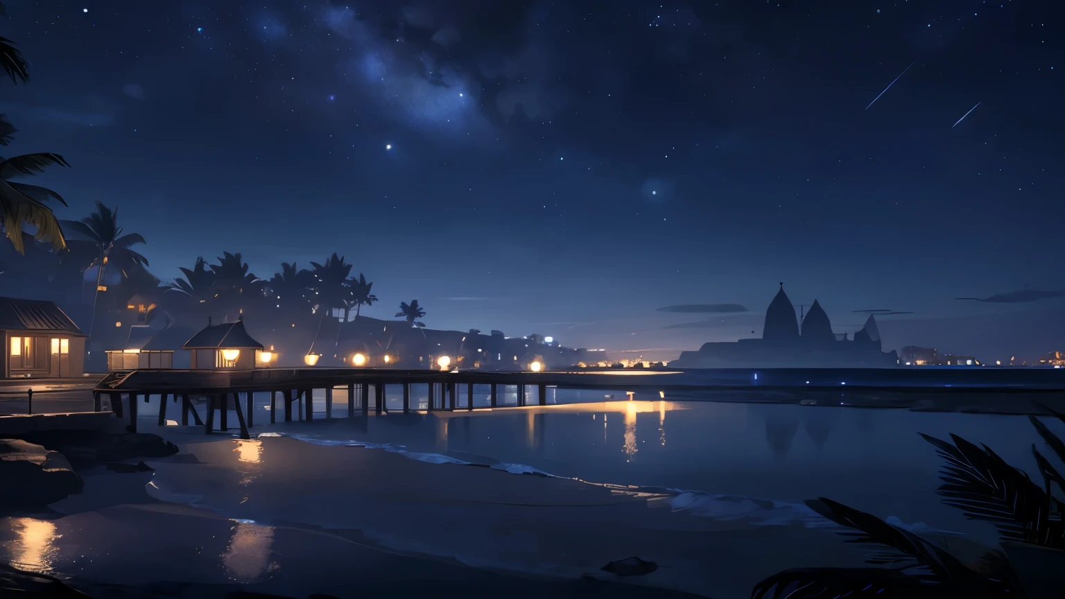 (best quality,highres,masterpiece:1.2),ultra-detailed,A serene night scene, a pier under a starry sky, street lamps casting a soft glow, the moonlight reflecting on the still waters, an island silhouette in the distance, dramatic shadows and highlights, a peaceful, atmospheric landscape, (no people), moody blue tones, dramatic lighting, detailed 3D rendering, masterpiece