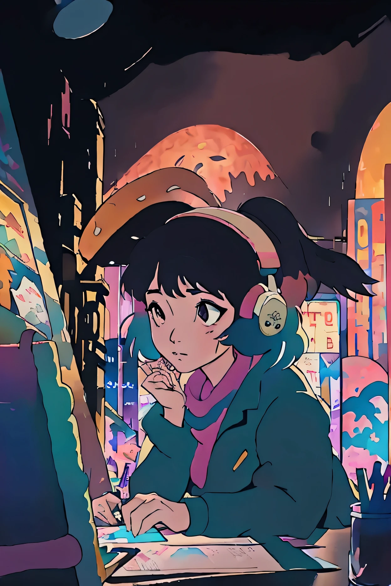 Asian woman studying in the room, dream, Wear headphones, night lighting, Neon scenery on a rainy day, Analog Color Theme, Lo-fi hip hop , revue, flat, 2.5D ,Draw a line, Ink Painting, Large slope, watercolor, Goosh Colors, Studio Ghibli style, Wonderful colorful, Outerton, Krautlock, Lofi Art,  70s style,Old Texture, amplitude,Psychedelic atmosphere, masterpiece, Amazing technology,