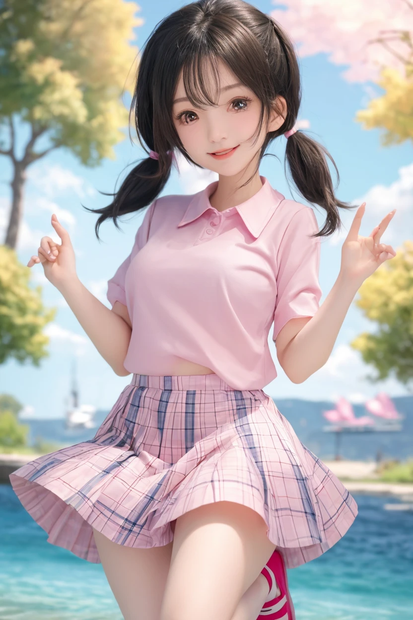 1 girl, minamoto_shizuka, bangs, ((short twin tails)))), (pink tops, pink skirts, white socks, white panties), (surprised face, mouth wide open), whole body, ((( Towering legs, perspective))), wide-angle lens, lower body enhancement