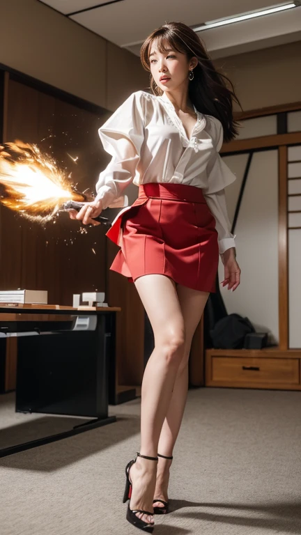 ((Highest quality、8k、masterpiece:1.3))、Realistic, Sharp focus, High resolution, High resolution,  alone, Full body photo、Japanese, Beautiful woman,blouse、skirt、High heels、Unleash your power、explosion的なエネルギー、thunder、Kamehameha,(((office)))、blasting、explosion、Wind、Debris