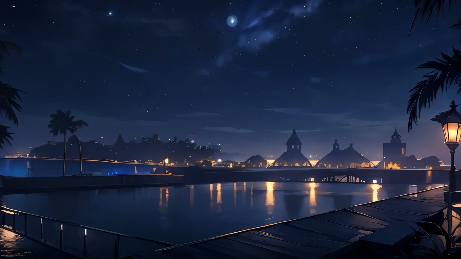 (best quality,highres,masterpiece:1.2),ultra-detailed,A serene night scene, a pier under a starry sky, street lamps casting a soft glow, the moonlight reflecting on the still waters, an island silhouette in the distance, dramatic shadows and highlights, a peaceful, atmospheric landscape, (no people), moody blue tones, dramatic lighting, detailed 3D rendering, masterpiece