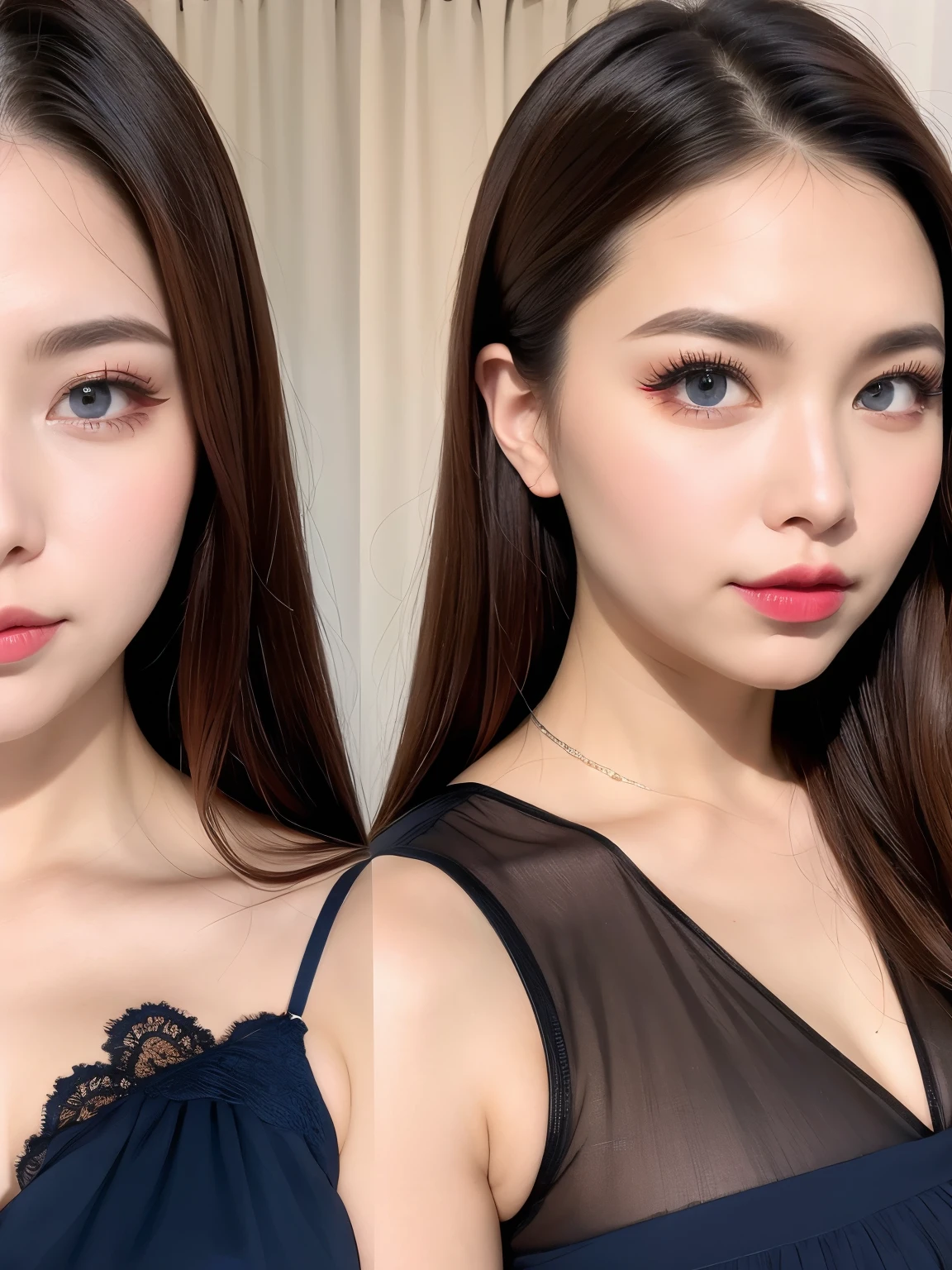 (Dark red right eye), (Left eye is dark blue), (((masterpiece))), (((Best Quality: 1.4))), ((Super detailed: 1.4)) , Heterochromia素敵な女性, Gorgeous Chinese Model, Translucent dress, Purple, Heterochromia, See-through dress, Gorgeous exotic features,  Shining silver hair, Highly detailed facial features, Expressive Face, Detailed Texture, Natural Skin Shader, , wonderful, Skin-tight dress, Japanese Model, Volume determination, Warm shades beneath her skin, Eyeshadow、Professional Makeup、Gorgeous makeup、Portraiture、Sharp Eye、Ultra-high resolution full body shots、Heterochromia: blue on the left and red on the right, Heterochromia