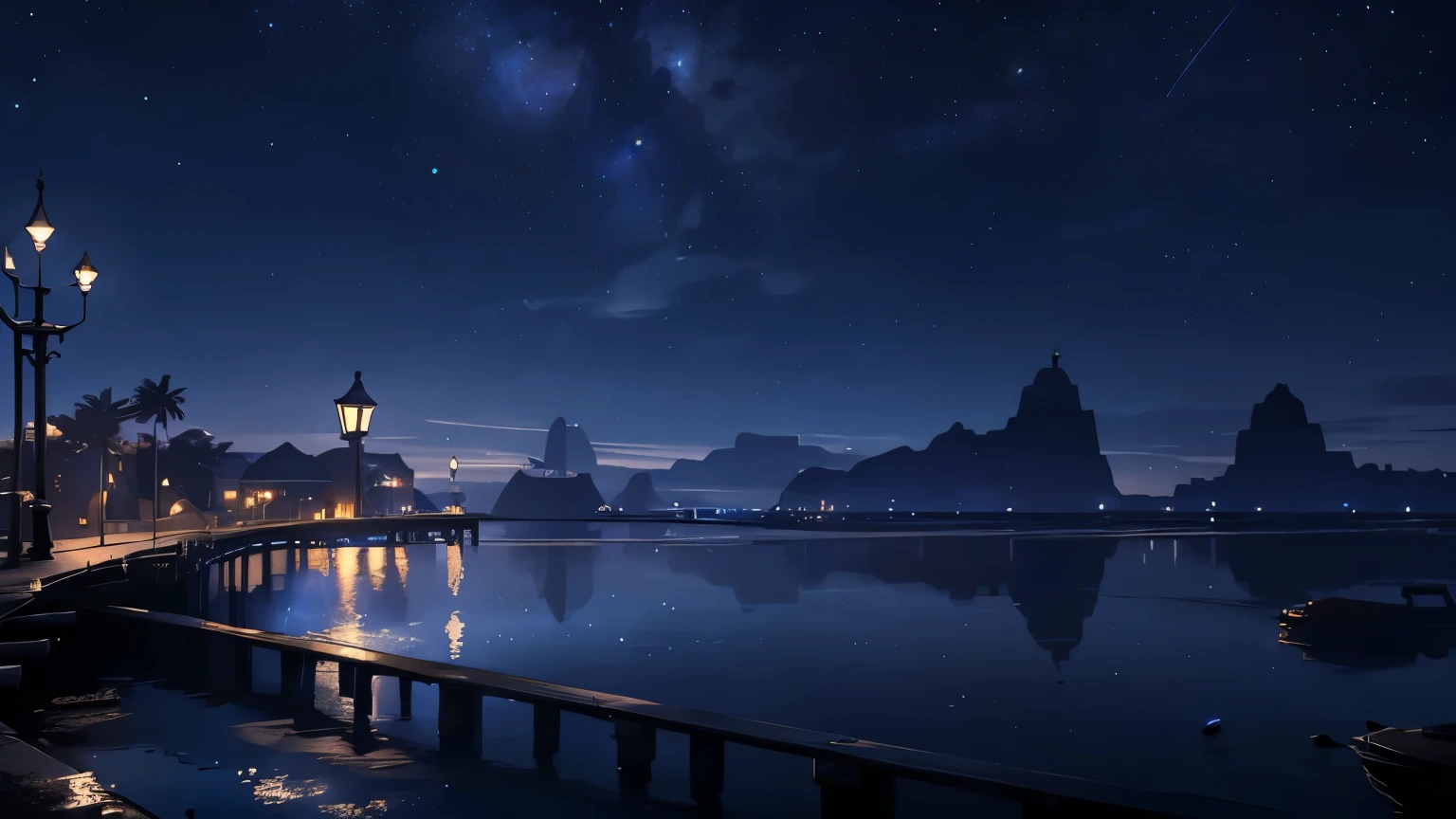 (best quality,highres,masterpiece:1.2),ultra-detailed,A serene night scene, a pier under a starry sky, street lamps casting a soft glow, the moonlight reflecting on the still waters, an island silhouette in the distance, dramatic shadows and highlights, a peaceful, atmospheric landscape, (no people), moody blue tones, dramatic lighting, detailed 3D rendering, masterpiece