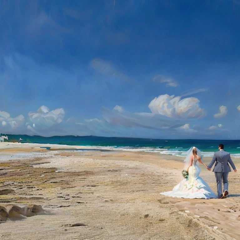 bride and groom walking on the beach holding hands, in a beachfront environment, on the sand, walking on the sand, the ocean in the background, posing on a beach with the ocean, 🤬 🤮 💕 🎀, walking on the beach, paradise in the background, walking up the sandy beach, lisa kristine, beautiful setting, by Gawen Hamilton