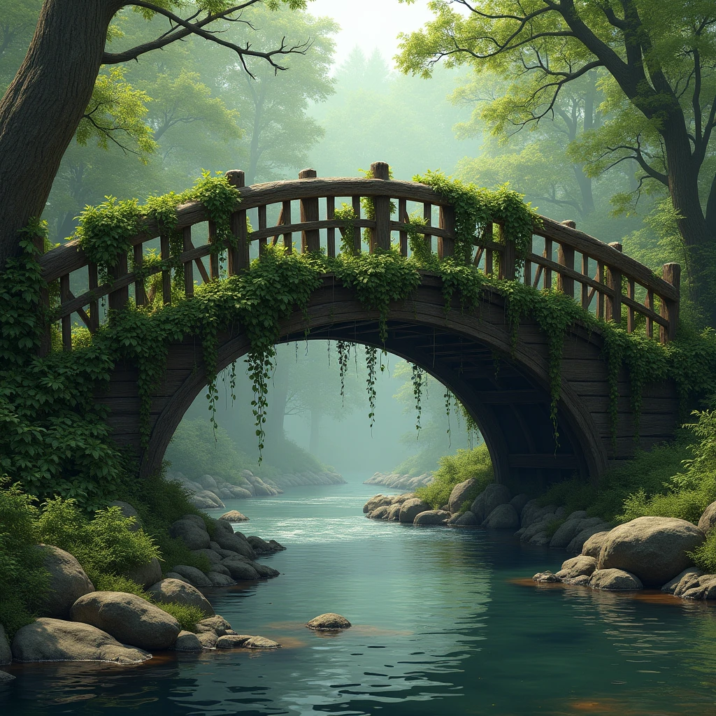 A bridge made of wood arranged and overgrown with vines over a river ...