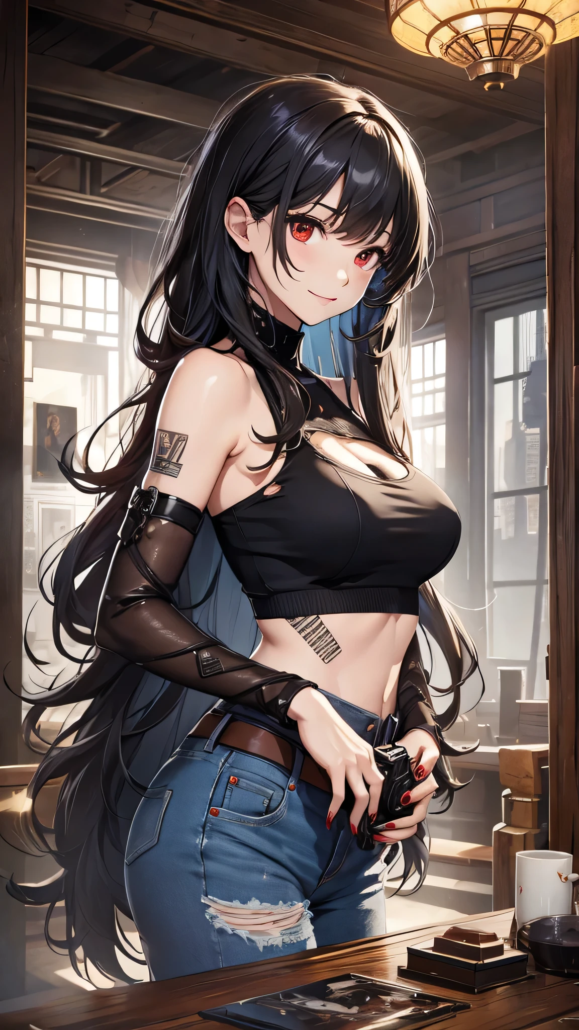 ((collar,leash,tied up,bondage,scared expression)),black hair,red eyes,shorts,top-tank