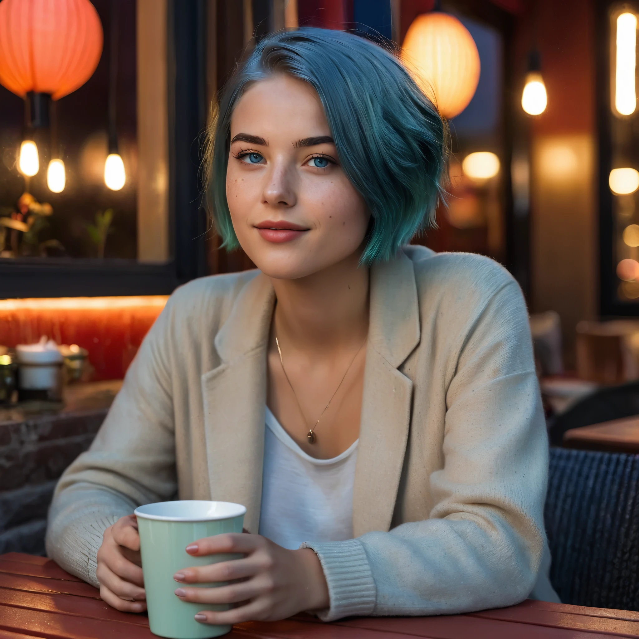 (((Woman, 20 years old, Nordic ethnicity, short blue hair, perfect face, light freckles, blue-green eyes, slight smile))), sitting relaxed at a café table, wearing a stylish autumn outfit in beige. Warm lighting from a nearby candle and neon signs softly illuminates her face. Her expression is calm, enjoying a coffee cocktail. The setting is dimly lit, with red-orange hues from nearby lanterns and outdoor evening light blending softly. The atmosphere is cozy and intimate. (((Color palette: warm red-orange hues, neon glows, dim outdoor light))), (best quality, 8k, ultra-detailed, photorealistic, soft evening lighting, cinematic look)